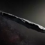 Oumuamua artist's impression (like a long, slender prune): photo credit, NASA