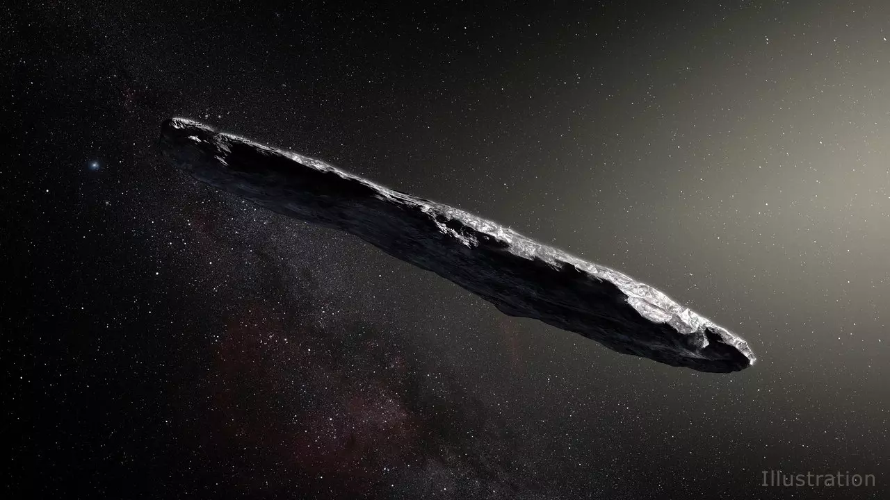 Oumuamua artist's impression (like a long, slender prune): photo credit, NASA