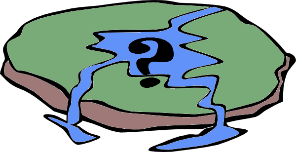 Pancake Earth with rivers dripping like syrup and a question mark