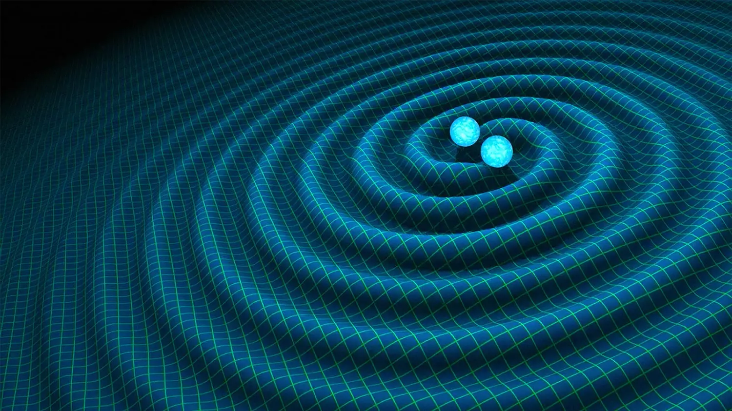 artist's grid showing gravitational waves around two circling stars, photo credit: NASA