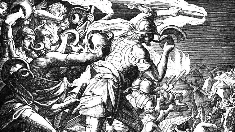 Drawing of Gideon and his men at the defeat of the Midianites: Photo 69560605 © Pavel Kusmartsev | Dreamstime.com