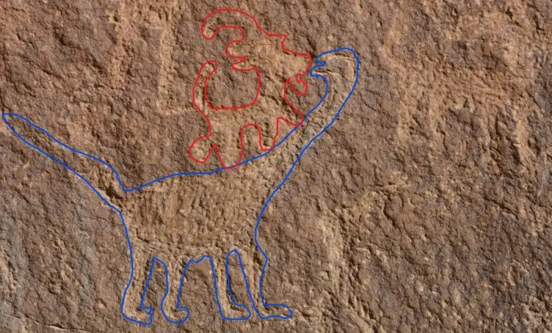 Closeup of a sauropod and herd animal outlined