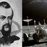 Portrait of Johannes Kepler on the left and photo of James Irwin on the Moon