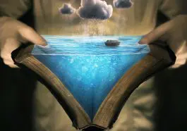 Illustration, opening Bible to see floodwaters and Noah's Ark between the pages: Photo 80573952 © Kevin Carden | Dreamstime.com