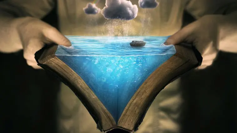 Illustration, opening Bible to see floodwaters and Noah's Ark between the pages: Photo 80573952 © Kevin Carden | Dreamstime.com