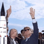 Wernher von Braun, JFK, and a Saturn V model