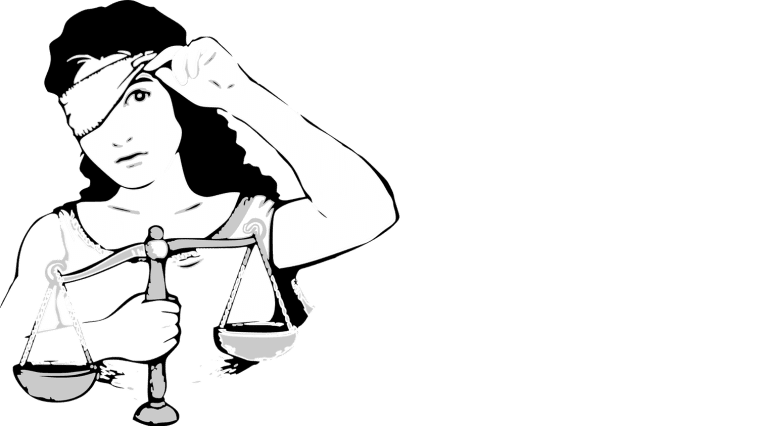 Justice peeking around her blindfold