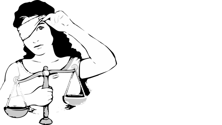 Justice peeking around her blindfold