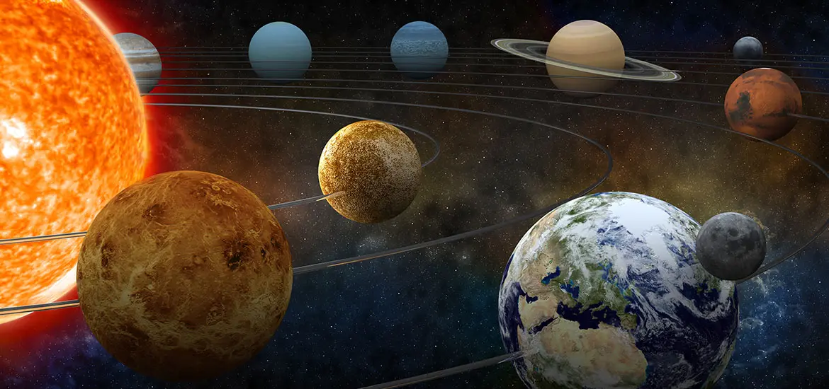 NASA illustration of the solar system planets ranged around the sun