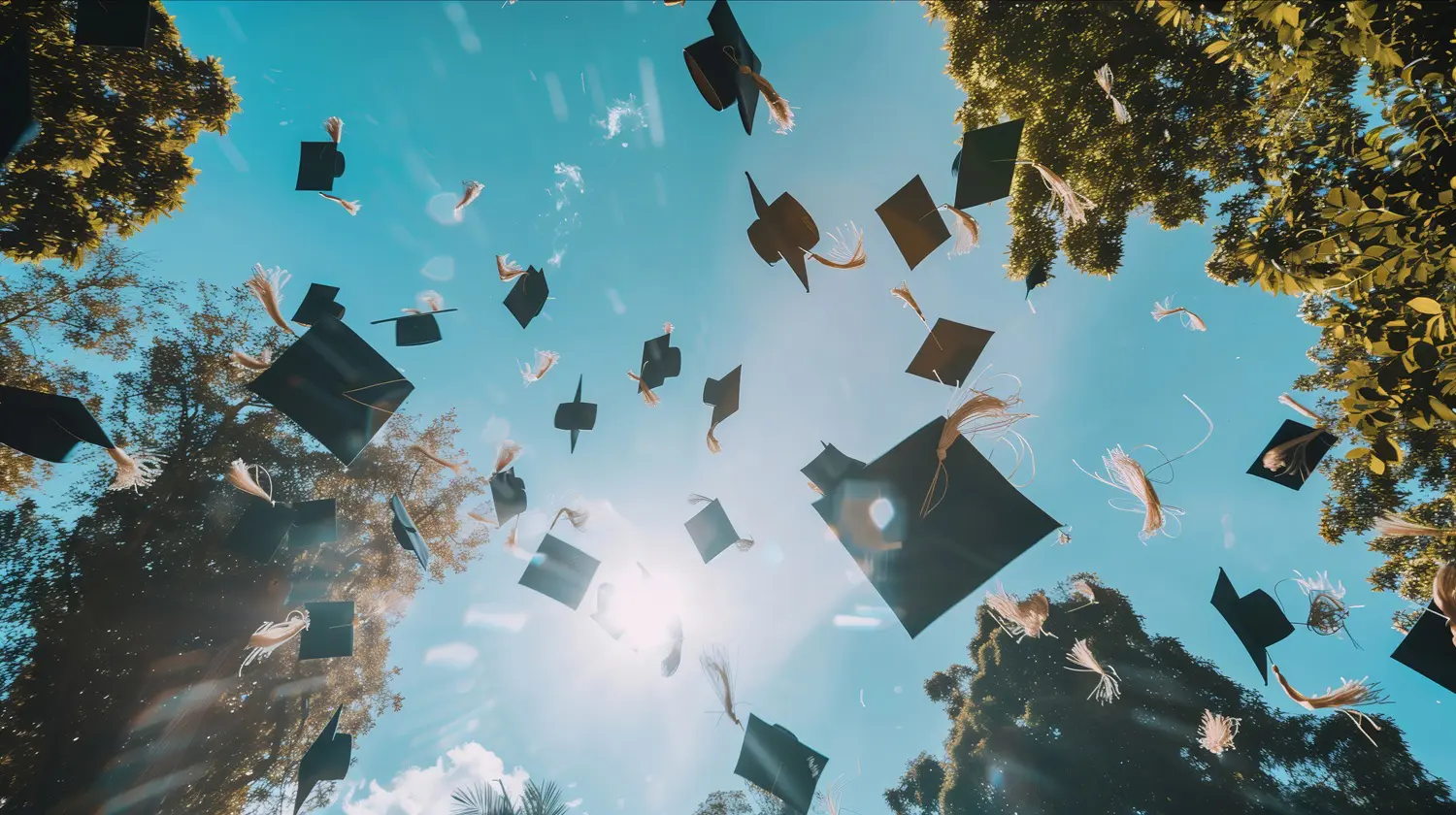 Graduation Mortars tossed into the air with trees in the background: ID 307977285 | Graduation Hats © Vitaliy Nykolyshyn | Dreamstime.com