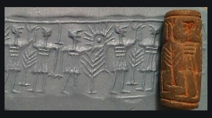 Ancient cylindrical seal with a rolled out image revealed in fresh clay