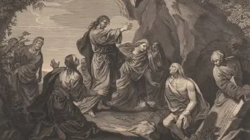 Dutch engraving of Jesus raising Lazarus 1642 - 1721
