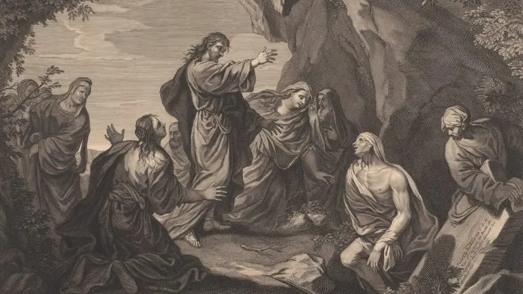 Dutch engraving of Jesus raising Lazarus 1642 - 1721