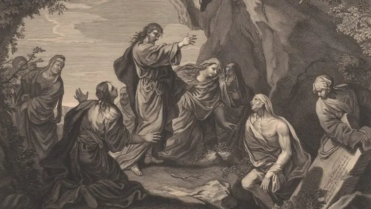 Dutch engraving of Jesus raising Lazarus 1642 - 1721