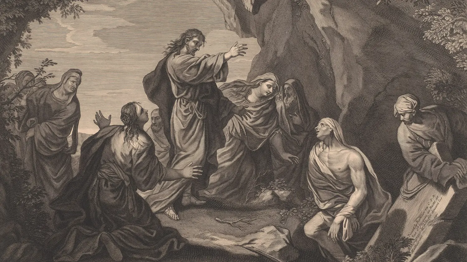 Dutch engraving of Jesus raising Lazarus 1642 - 1721
