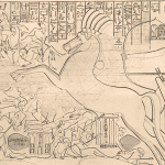 Karnak Northern exterior wall carving: King Seti I defeating Shasu beduin on the road to Gaza. Drawing by R.Lepsius, 1853