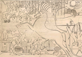 Karnak Northern exterior wall carving: King Seti I defeating Shasu beduin on the road to Gaza. Drawing by R.Lepsius, 1853