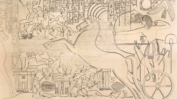 Karnak Northern exterior wall carving: King Seti I defeating Shasu beduin on the road to Gaza. Drawing by R.Lepsius, 1853