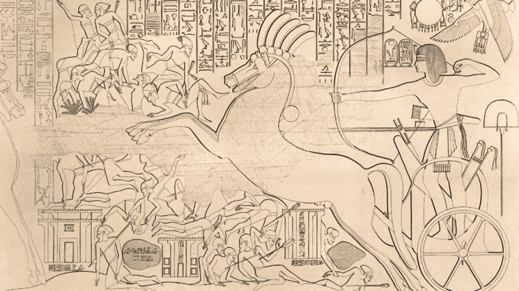 Karnak Northern exterior wall carving: King Seti I defeating Shasu beduin on the road to Gaza. Drawing by R.Lepsius, 1853