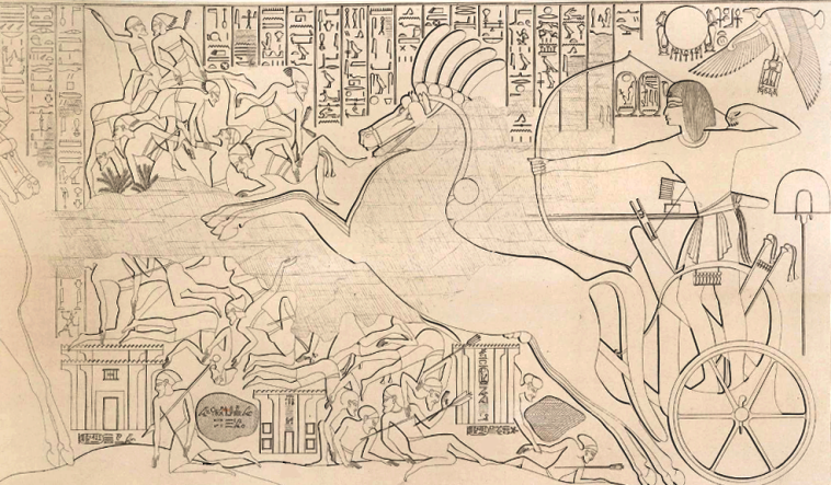 Karnak Northern exterior wall carving: King Seti I defeating Shasu beduin on the road to Gaza. Drawing by R.Lepsius, 1853