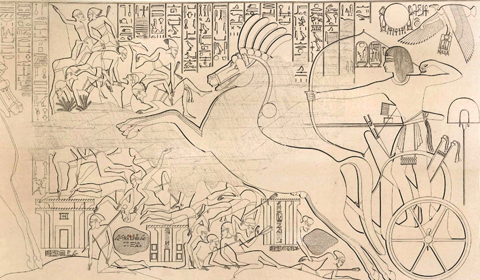 Karnak Northern exterior wall carving: King Seti I defeating Shasu beduin on the road to Gaza. Drawing by R.Lepsius, 1853