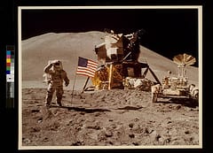 Astronaut James Irwin gives salute beside U.S. flag during lunar surface extravehicular activity (EVA) (Photo credit: George Eastman House)