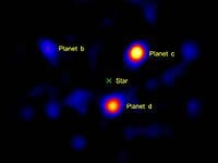 The three known planets of the star HR8799, imaged by the Hale Telescope. The light from the central star was blanked out by a vector vortex coronagraph.