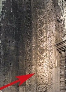 Various Realistic Depictions on Temple Column Including Stegasaurus