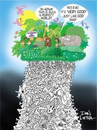 Dan Lietha's cartoon showing Adam and Eve over a heap of dead bones