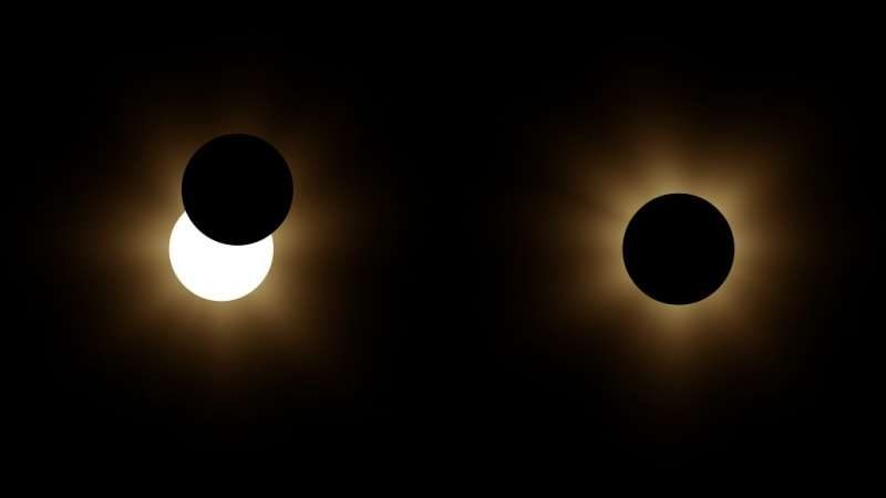Solar eclipse stills showing partial and full coverage of the sun