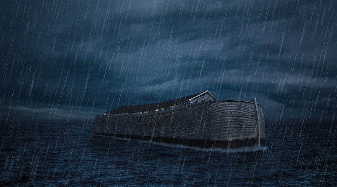 Depiction of Noah's ark in a rainstorm