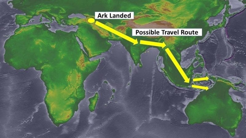 Map showing path kangaroos could have followed out to Australia