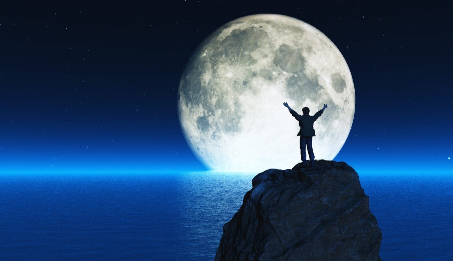 3D render of a man with hands upraised with the moon and water: ID 78449570 © Orlando Florin Rosu | Dreamstime.com
