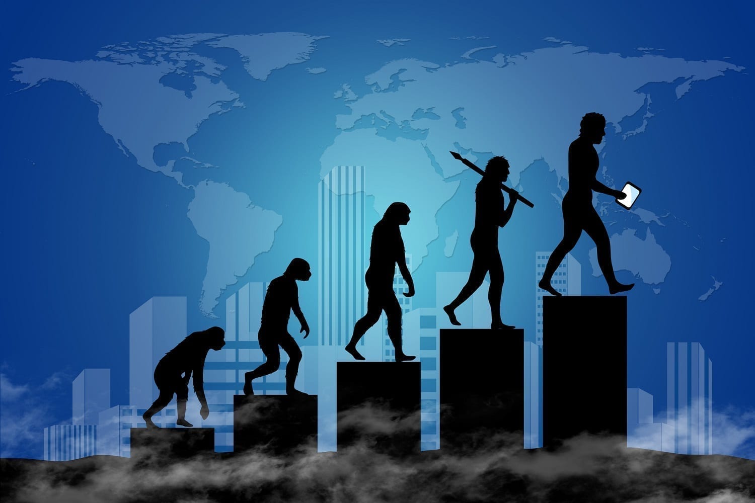 Graphic portraying human evolution upward against a city and map backdrop: ID 101247289 © Matej Ograjenšek | Dreamstime.com