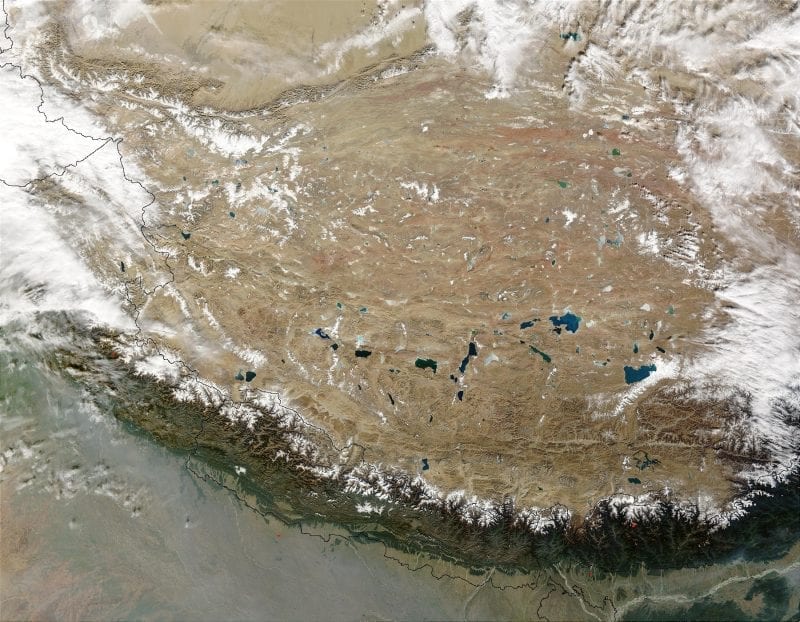 Tibetan plateau from space showing edge and multiple lakes, photo credit: NASA