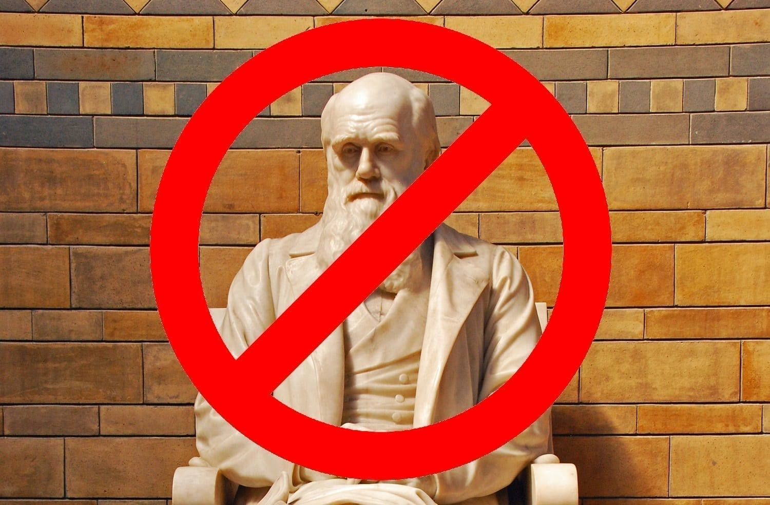 Darwin Statue with a Not Allowed Circle over him