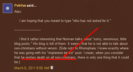 "...he wishes death on all non-christians..." Highlighted web comment