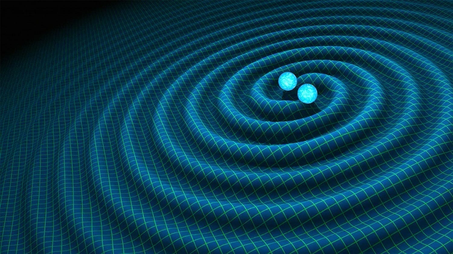 artist's grid showing gravitational waves around two circling stars, photo credit: NASA