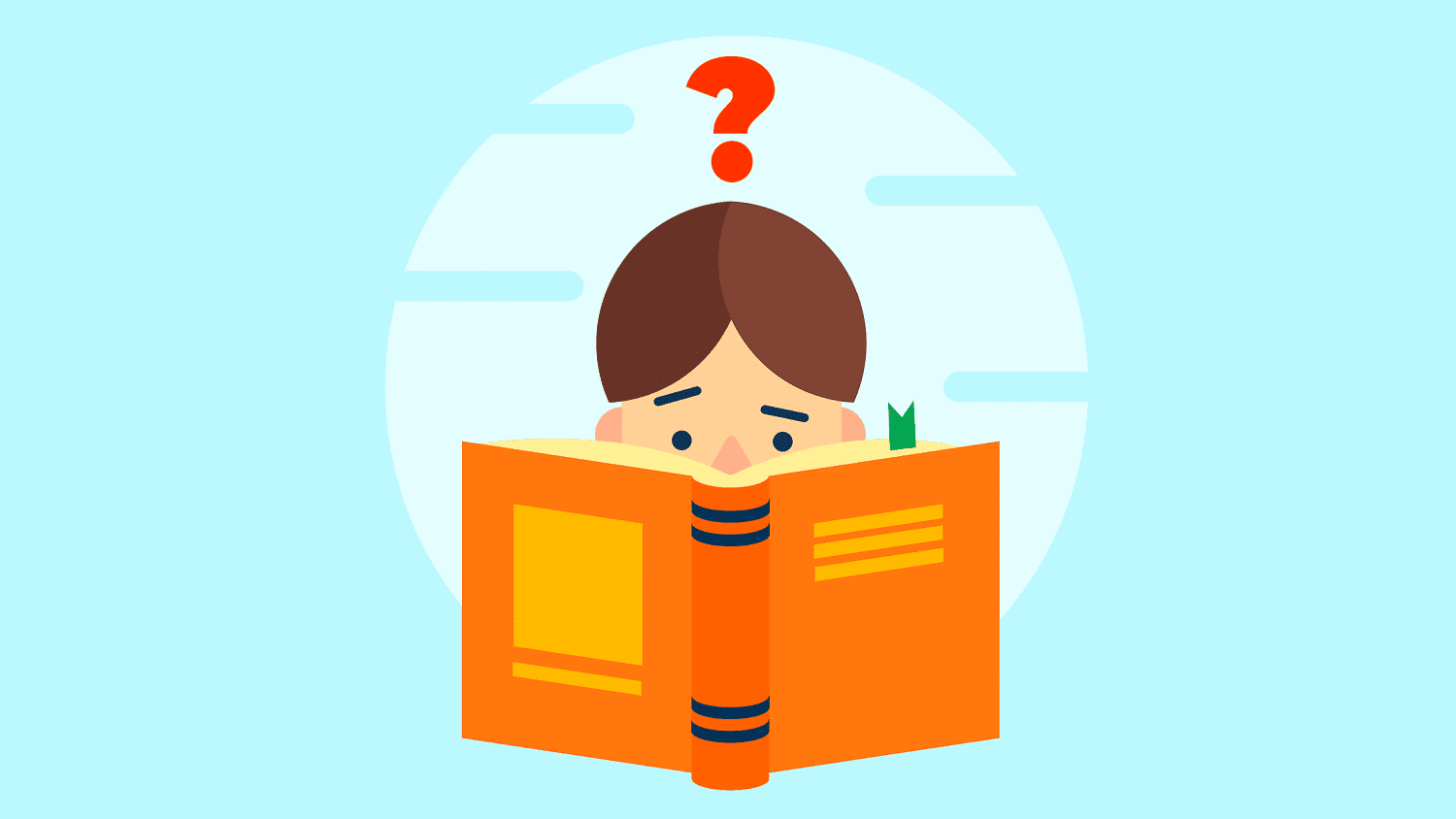 Illustration of a child questioning while reading a book