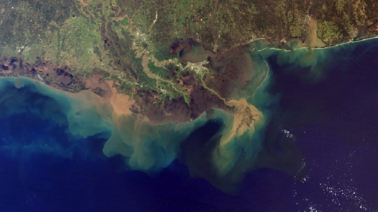 Mississippi delta with sedimentation, photo credit: NASA