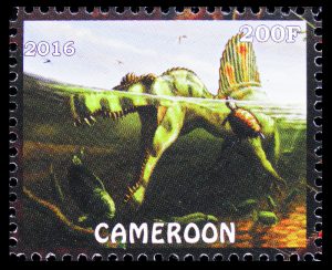 Spinosaurus in water, Cameroon stamp: Photo 219844346 © Alexander Mirt | Dreamstime.com