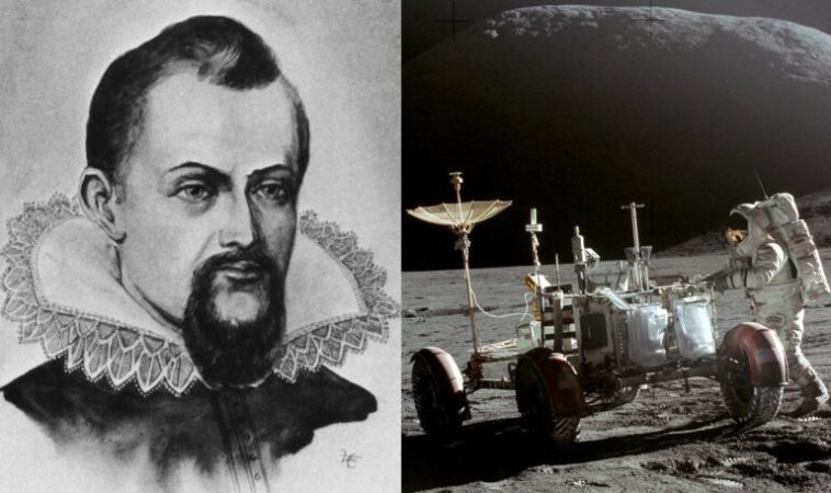 Portrait of Johannes Kepler on the left and photo of James Irwin on the Moon