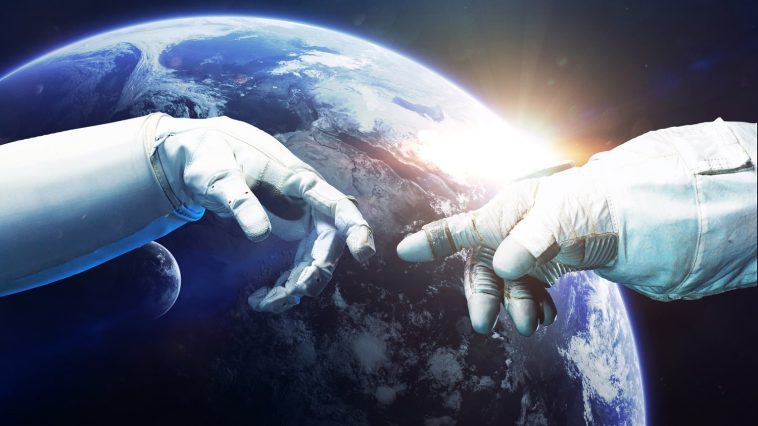 Sci-Fi Spacesuit gloves like the Sistine Chapel creation hands: Photo 102582312 © Forplayday | Dreamstime.com