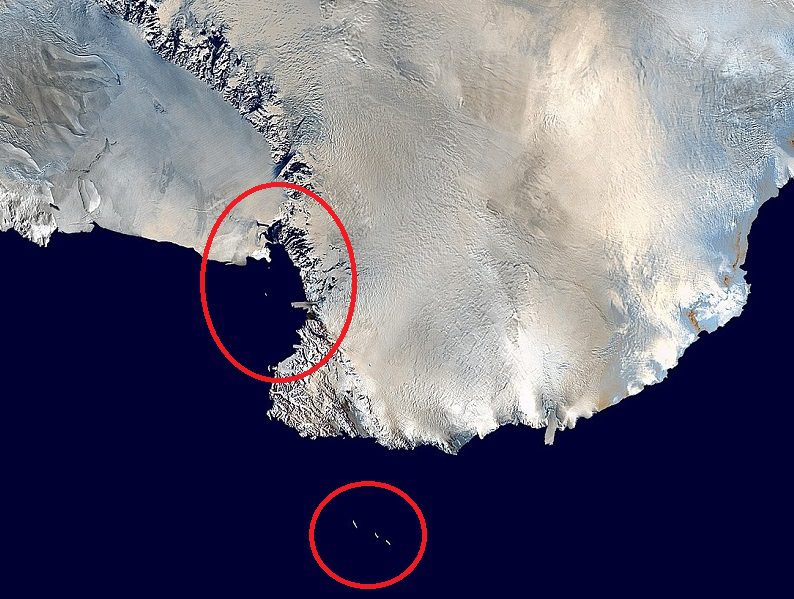 Antarctica closeup with Cape Adare and islands highlighted, photo credit: Blue Marble