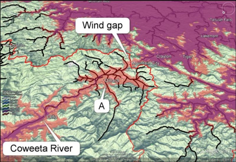 Topographical map of the Coweeta River with the wind gap marked