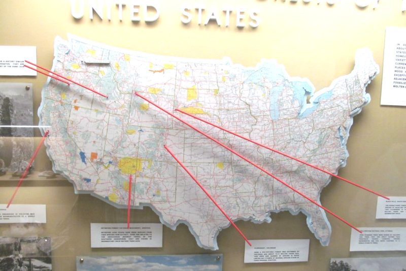 Map of the USA with petrified wood locations marked, photo credit: J.D. Mitchell