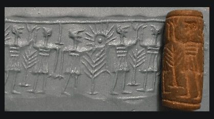 Ancient cylindrical seal with a rolled out image revealed in fresh clay